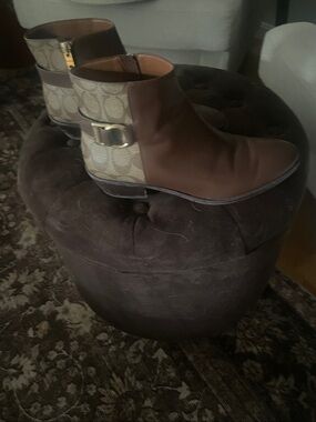 Coach Brown Leather Ankle Boots with Signature Canvas Heel and Gold Buckle